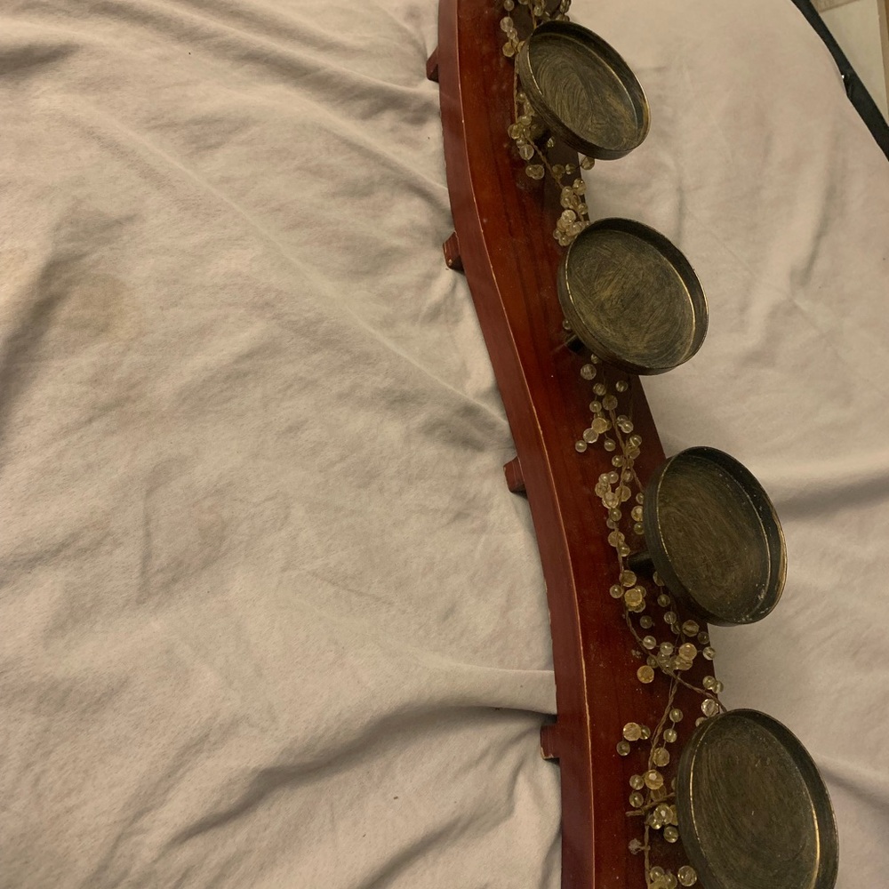 Curved Wooden Candle Holder with Gold Accents